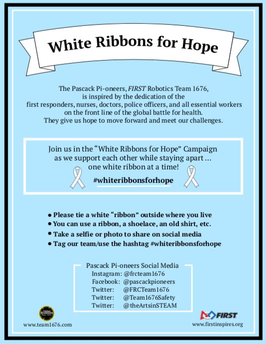 Please join us in tying White Ribbons for Hope! We ask that you share the flyer with everyone you know. Click the flyer for more info. Tag us in your photo! ❤ <a href="/pvrhsd/">PVRHSD</a> <a href="/FIRSTweets/">FIRST</a> <a href="/FIRSTMidAtl/">FIRST Mid-Atlantic</a> <a href="/FRCTeams/">FIRST Robotics Competition</a> <a href="/FTCTeams/">FIRST Tech Challenge</a> <a href="/firstlegoleague/">FIRST LEGO League</a> #morethanrobots