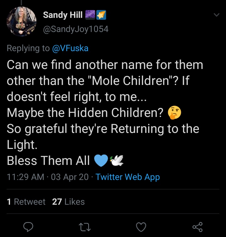 There's this narrative going on in Qanon where coronavirus is a planned distraction from the mass rescue of children from underground bases and the best part of this is the idpol debates going on about what the PC term to refer to mole children is.