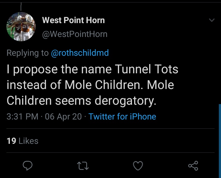 There's this narrative going on in Qanon where coronavirus is a planned distraction from the mass rescue of children from underground bases and the best part of this is the idpol debates going on about what the PC term to refer to mole children is.