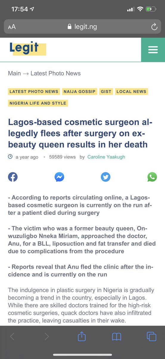 Here is the story of the beauty queen who died. This story was everywhere all through last year. The Dr Anu was said to run away that time.The minimum you can do as a patient is to research the doctor/clinic well before lying down for anyone to start cutting you up like turkey.