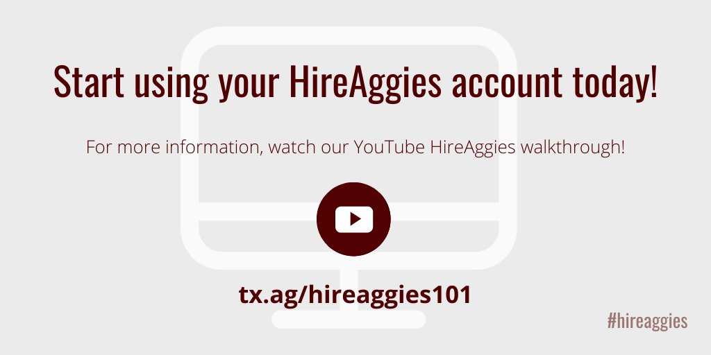 tamucareer's tweet photo. Be sure to create your HireAggies account and get access to all the wonderful resources and tools to help with your #internshipsearch or #jobsearch ! Check out our YouTube video for a How-To : https://t.co/QGSNLu0UIc https://t.co/MHy5Pc1h18 https://t.co/tbZtKfELZZ