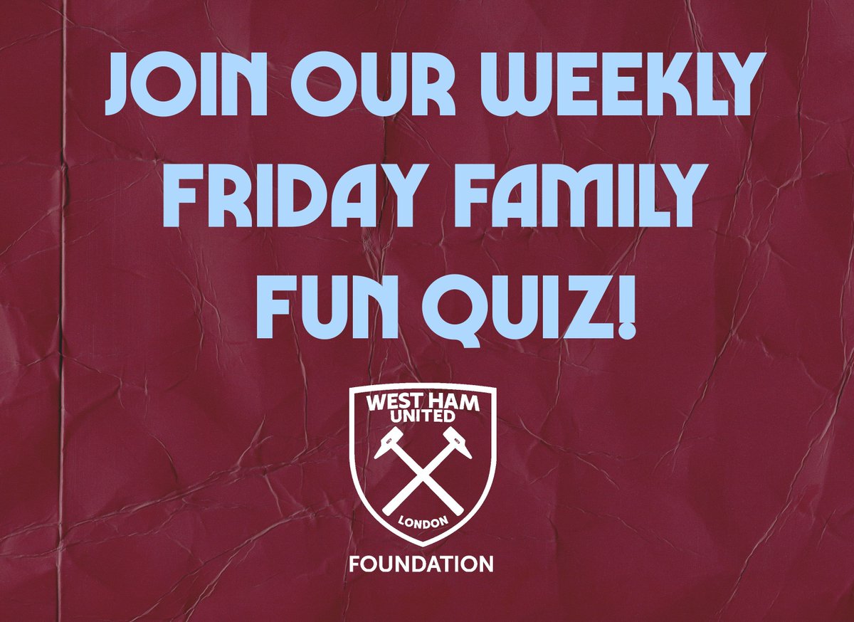 WHUFoundation's tweet photo. Our third round of  #FridayFamilyFunQuiz is starting today!

This quiz has questions for all the family, so why not get involved this week! Make sure to submit your fantastic team names! 🤩

You have until 5pm Thursday! Questions now here: https://t.co/bqP74UA89U 

Good Luck! 🤞 https://t.co/nkDQUGxjgE