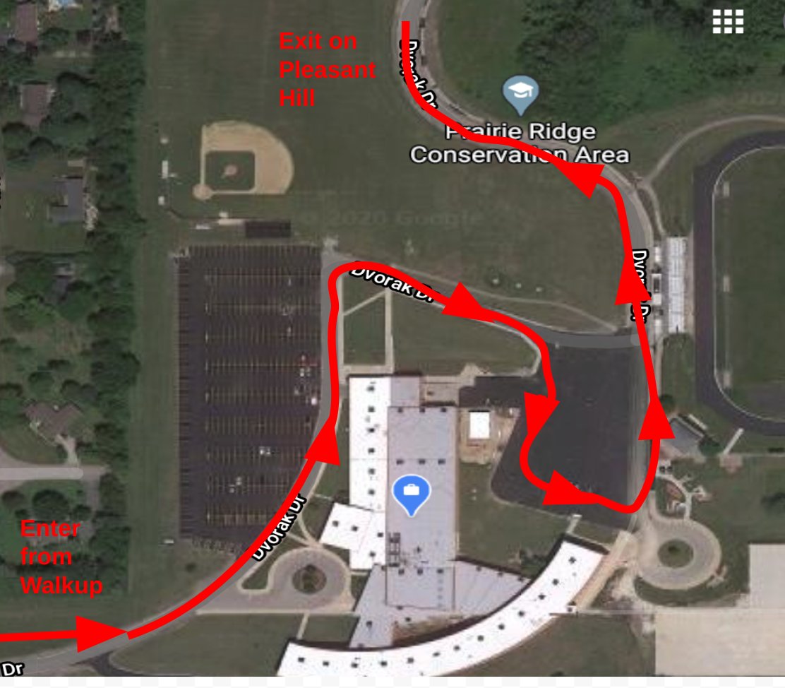 SKochPR's tweet image. Here's the gameplan for Friday Night Lights at 8pm TONIGHT!  Enter on Walkup, follow this path (we'll be there to help), drive slowly, smile/wave/have fun &amp;amp; exit on Pleasant Hill.  One way only.
Again, due to social distancing, there can be no stopping or gathering. Go Wolves!