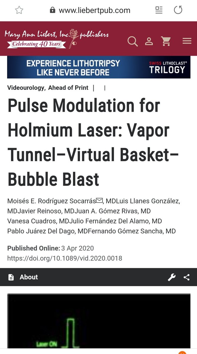 Pulse modulation for Holmium laser: Vapor Tunnel - Virtual Basket - Bubble Blast. Happy to announce our video from <a href="/ICUAurologia/">ICUA</a> published on #Videourology <a href="/JEndourology/">Journal of Endourology</a> 👏liebertpub.com/doi/10.1089/vi…
