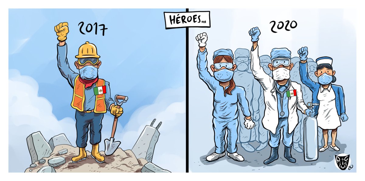 Leo con enojo y tristeza que personal de la salud ha sido agredido por gente enferma del virus de la ignorancia. 
Recordemos que médicos y enfermeras son los principales héroes en esta batalla por la salud.
Cartón publicado en <a href="/ElFinanciero_Mx/">El Financiero</a>