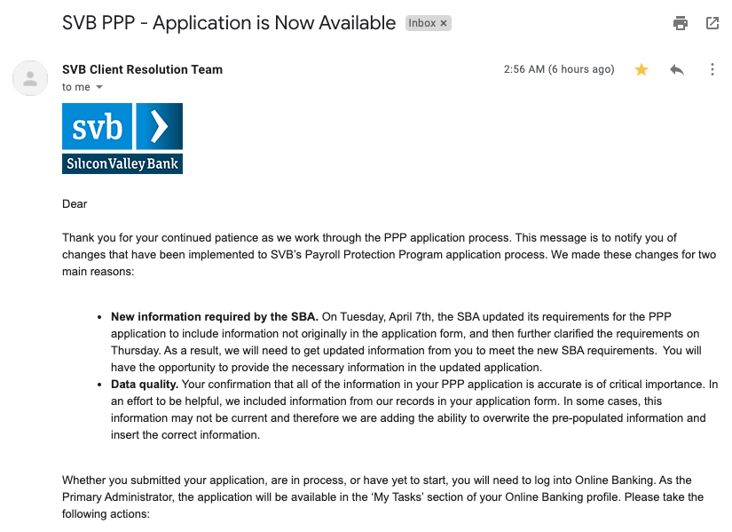 GregDrach's tweet photo. @SVB_Financial keeps disappointing. Finally received an email that the PPP loan application is ready for me to fill in and yet it isn't. https://t.co/1vVkjUmq1d