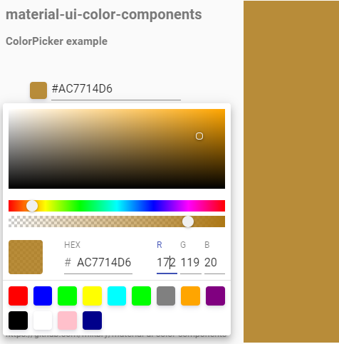 material-ui-color-components v0.3 soon ! Accessibility, localization, redesign, bug fixes. You could test preview using storybook : mikbry.github.io/material-ui-co… #reactjs #javascript #webdev <a href="/MaterialUI/">Material UI</a>