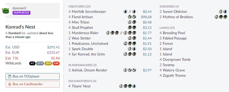 Deck 13: Konrad& #39;s NestWe are DEFINITELY streaming this on wendesday in Early Access (obligatory thx wotc for free preview account) https://scryfall.com/@yoman5/d...