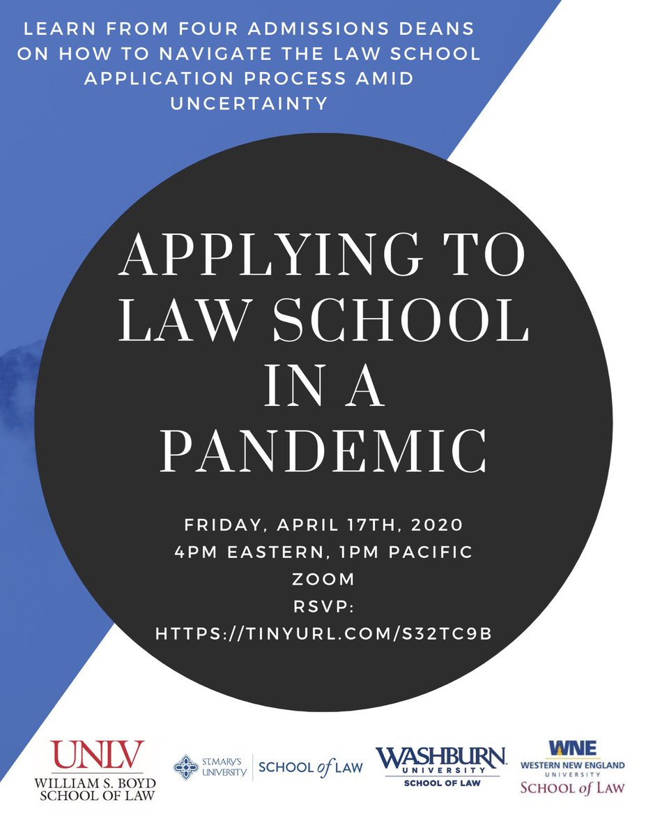 Applying for Law School During A Pandemic? Learn from four admissions deans on how to navigate the law school application process amid uncertainty.
@UNLVLaw  <a href="/StMarys_Law/">St. Mary's Law</a> <a href="/washburnlaw/">Washburn Law</a> <a href="/WNEULaw/">Western New England University School of Law</a> 
RSVP: tinyurl.com/s32tc9b