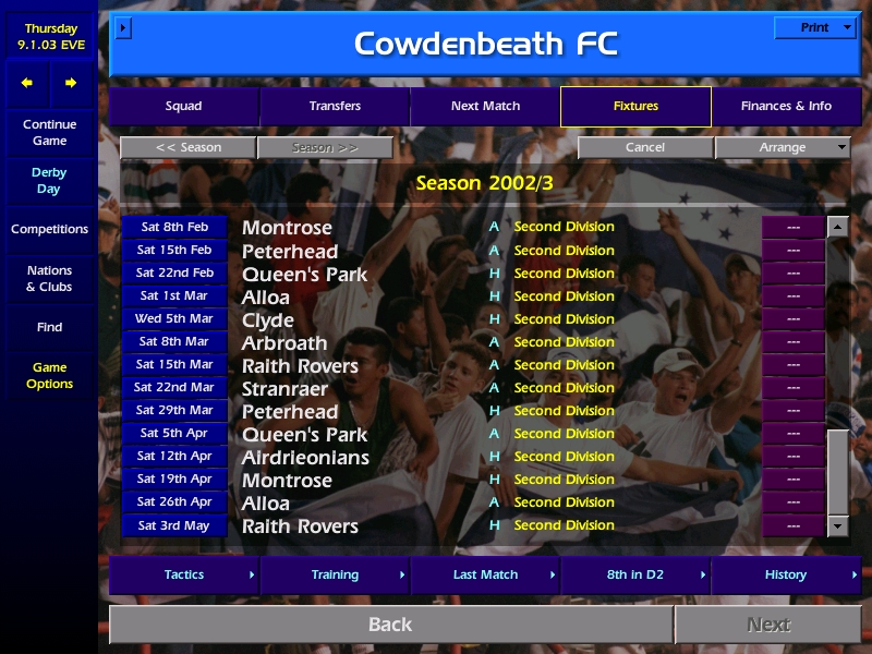 Season 2 - I joined  @CowdenbeathFC ! Not on my list but i'm going to concentrate on having fun doing little derbies until i can get a better reputation. Big challenge here, 2 matchs against rival Raith Rovers and a race to overtake them in the rankings.  #CM0102  #DerbyDay