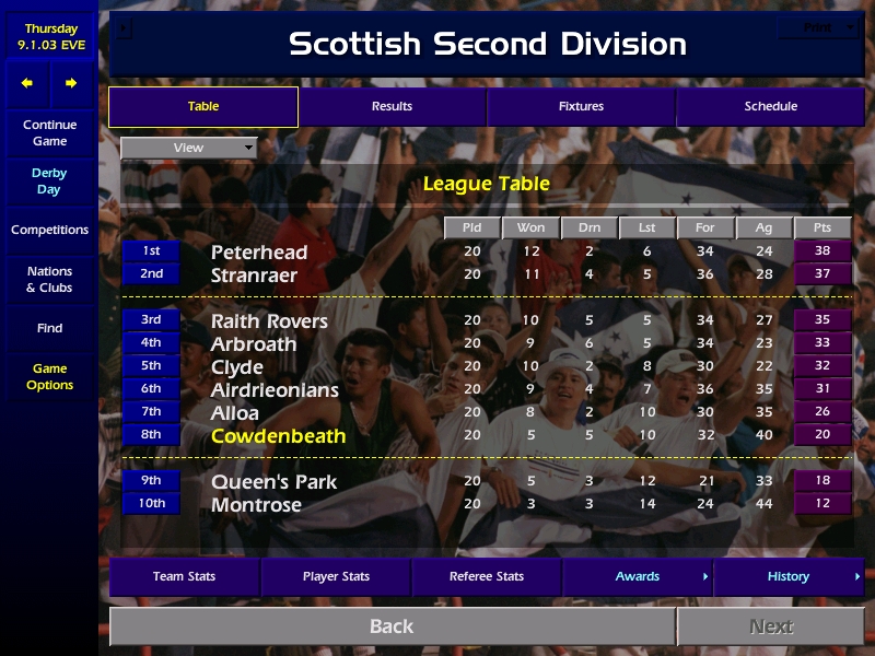 Season 2 - I joined  @CowdenbeathFC ! Not on my list but i'm going to concentrate on having fun doing little derbies until i can get a better reputation. Big challenge here, 2 matchs against rival Raith Rovers and a race to overtake them in the rankings.  #CM0102  #DerbyDay