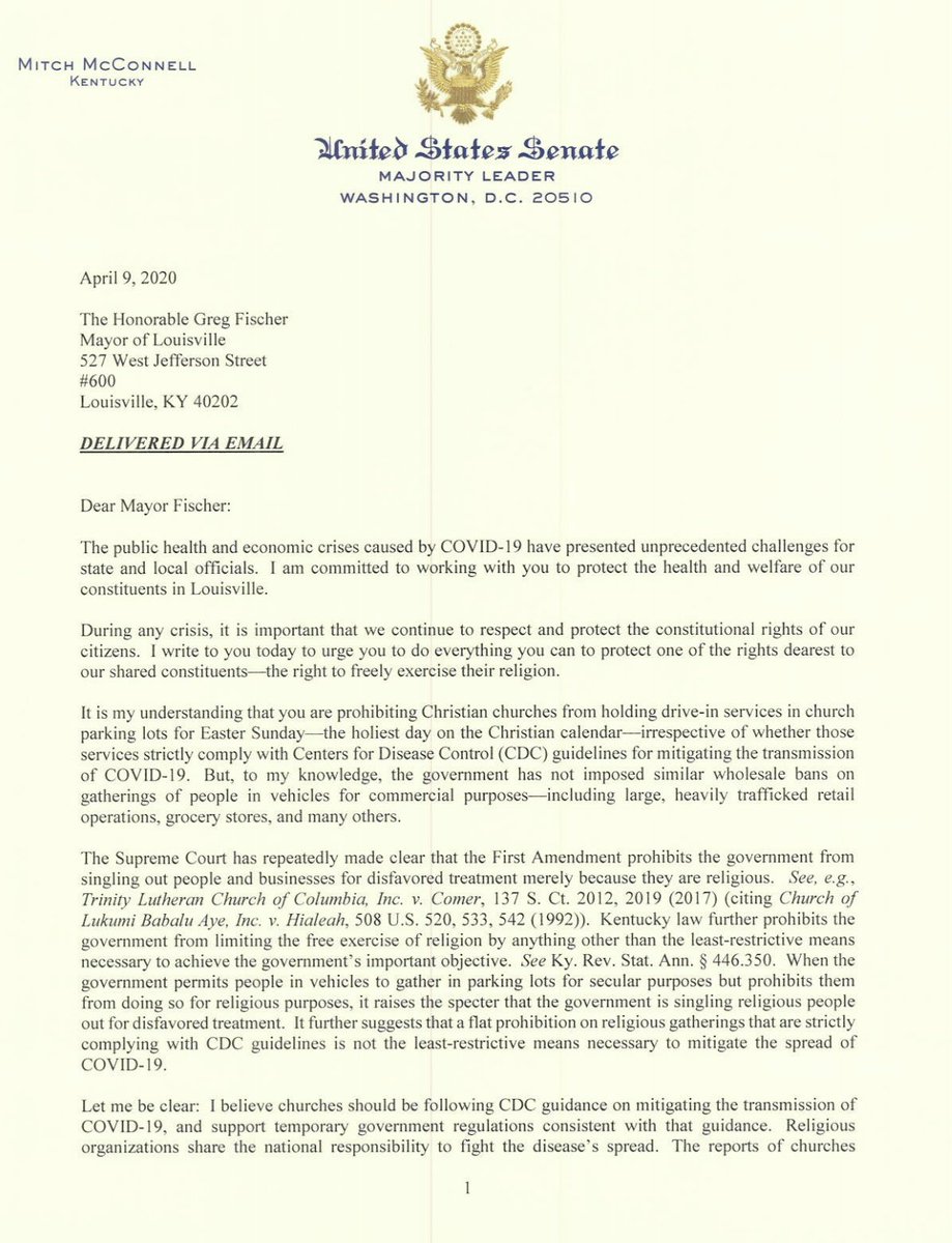 SavannahEadens's tweet photo. @senatemajldr letter to @louisvillemayor regarding drive-in church services in Louisville. McConnell says Fischer's ban violates religious freedom. https://t.co/NmRj9Qt06Q