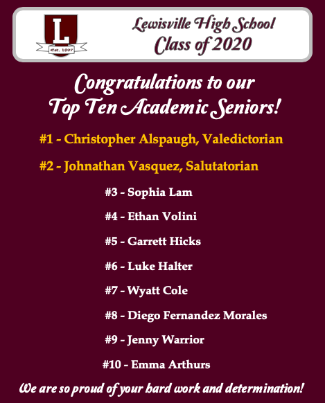 LewisvilleHS's tweet photo. CONGRATULATIONS TO OUR ACADEMIC TOP TEN  SENIORS!  LHS Principal, Jeffrey Kajs, our LHS Faculty and Staff, our feeder schools, and LISD are so proud of YOU! https://t.co/qzwEavHtHI