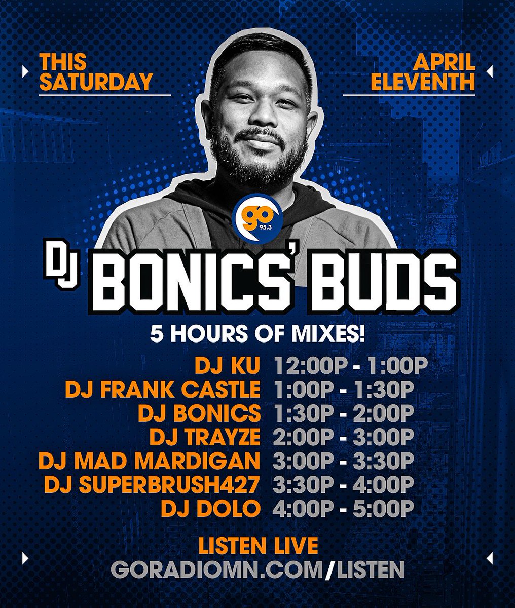 DJBonics's tweet photo. Tomorrow starting 12PM CST on @Go953mn “Bonics Buds’” are taking over with 5 HOURS of mix from 12pm -5pm !! Shout to @djku  (Tampa) @DJFrankCastle (MPLS) @djtrayze (D.C.) @DJMadMardigan (MPLS) Superbrush427 (MPLS)and @doloyaheard (Boston) Listen live: https://t.co/2ZbbowwyO3 https://t.co/QyJYru08sw