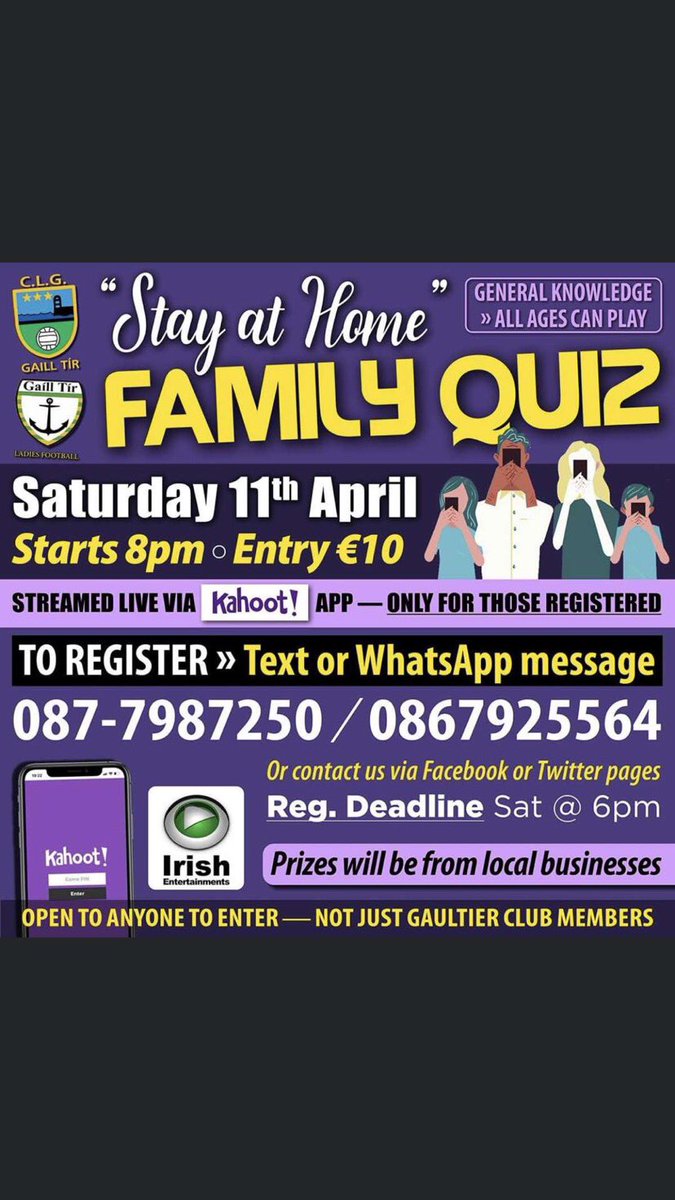 GaultierLGFC's tweet photo. Folks, 

Reminder that we have another "Stay At Home" Family quiz on this Saturday 

🥇Entry is €10 - prizes will be from a number of local businesses

📌Saturday night 
📍8 o clock your couch

You need to be registered to play by either text / Whatsapp your name and ... https://t.co/VHkJGfBCpw