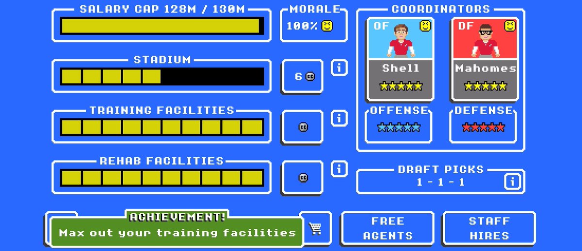 RetiredCheifs's tweet photo. With our bye in week 12 we decided to focus on our Training facilities and for team safety get those updated to the newest version that we can. With the sueing of @bowl_retro we plan on using those funds next season to finish upgrades to our stadium. #retrobowl #goingtocourt https://t.co/Lof0Ho5bzV