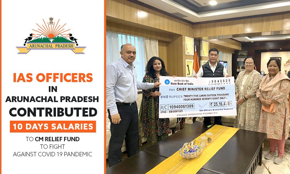 The IAS officers in Arunachal Pradesh have  contributed their 10 days salary to the Chief Minister's Relief fund to #FightAgainstCorona
This is small contribution to supplement the efforts of India largely and Arunachal Pradesh in particular. 
#YouCanBeatCorona #StayHomeStaySafe