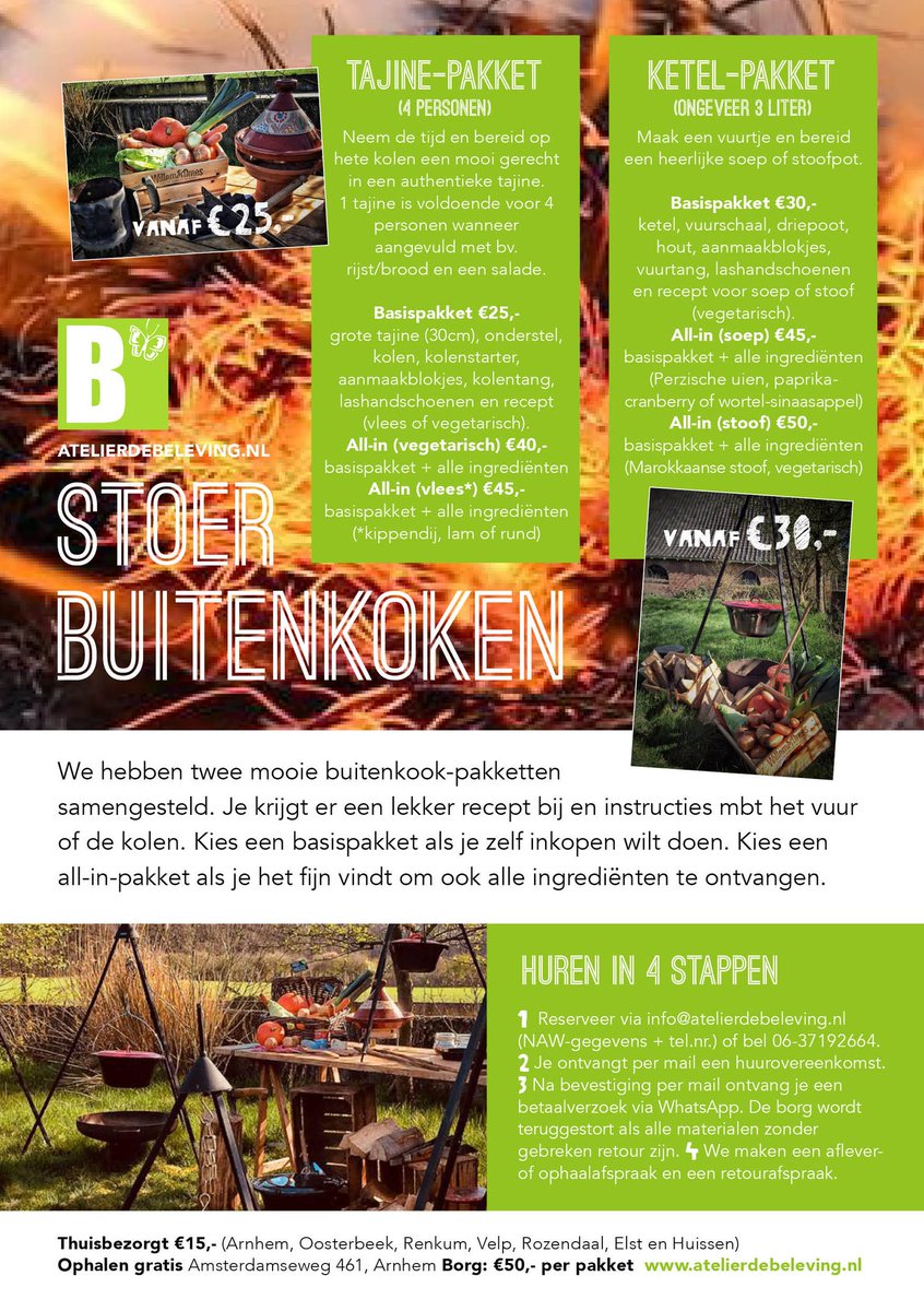 Vanmiddag een ketelpakket wegebracht en daarnet actiefoto gekregen. Gaaf toch? Lekker wortel-sinaasappelsoepje koken (op houtvuur) in je eigen tuin. Check onze flyer! #jehoefterdedeurnietvooruit #familieuitje #miniworkshop #buitenkoken