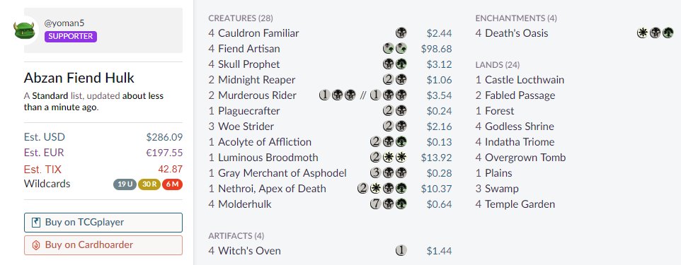 Deck 14: Abzan Fiend HulkDeath's Oasis and Skull Prophet are really really good https://scryfall.com/@yoman5/decks/f40f26c5-271e-4ad6-bf06-76e0ae35f169