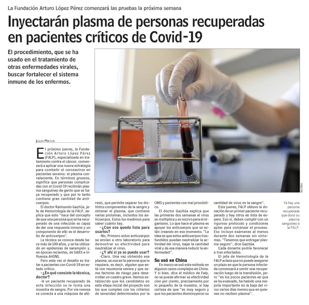 mjrazazi's tweet photo. @Emol También en @LUN se publicó la nueva posibilidad terapéutica que se abre para el #COVID19 en Chile. Si conoces a alguien recuperado, avísale! + info en https://t.co/v7c8y5dPv7 https://t.co/vTqeWTgrpL