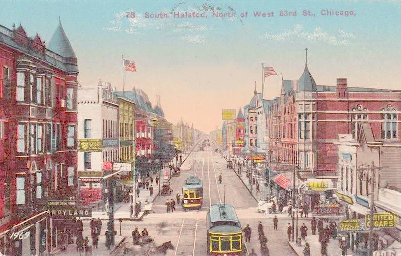 Left, heading north up Halsted to 63rd St. CTA L train station ahead.Right, looking north up Halsted from that same L station, 1917 postcard.