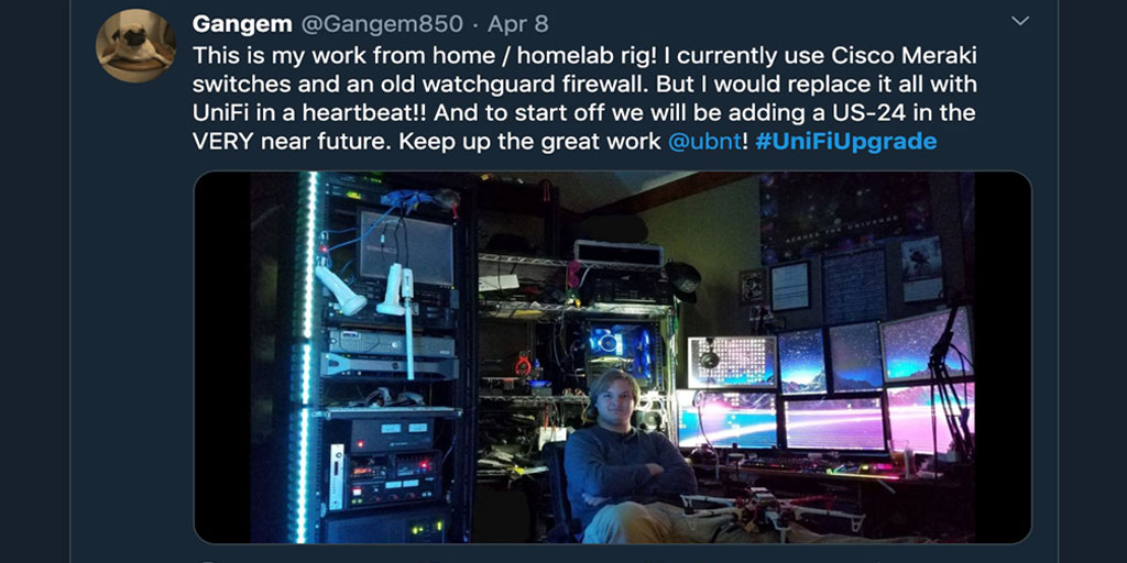 Ubiquiti's tweet photo. Why do you need a UniFi Upgrade!? 

Answer and post a photo of your work from home setup using the hashtag #UniFiUpgrade for your chance to win a #UDM and #BeaconHD 

18+ | US/CA Only | Ends 4/13 |  #Promo Rules > https://t.co/xaYvZIA3yj https://t.co/eubmB5iWol