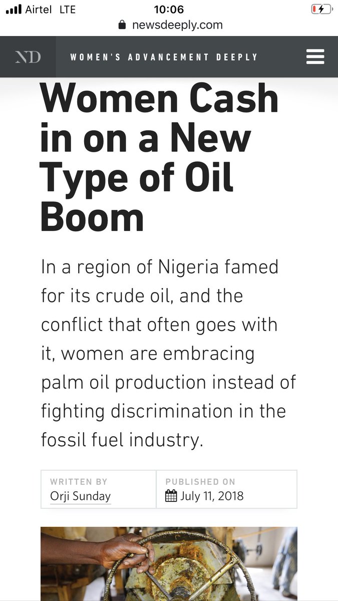 20. While men fight for crude oil and multinational jobs, the Niger Delta women turned to a less dangerous oil: palm oil. Small mills, news seed varieties. Smoke and sweat and smile - all to swell the purse.