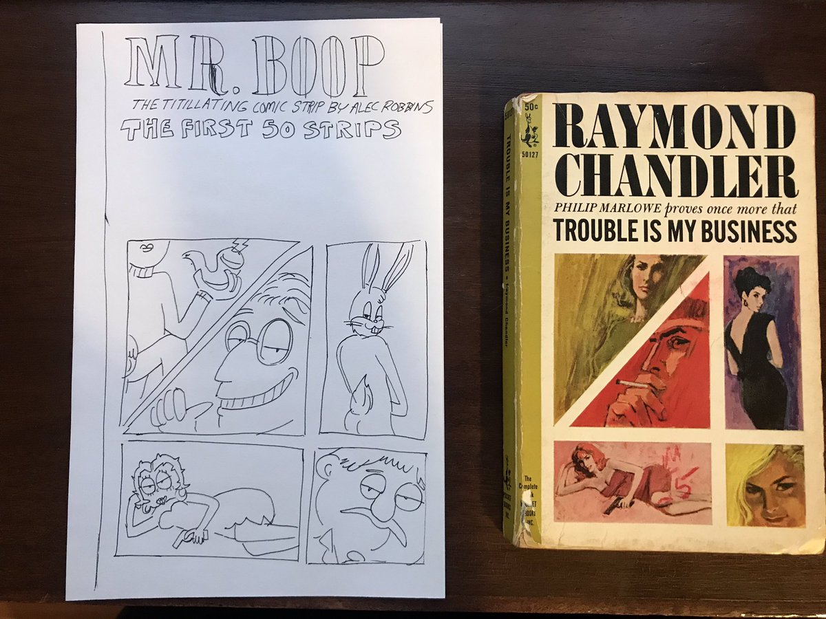 Have you pre-ordered yet?? I based the zine's cover off of this old Raymond Chandler paperback I picked up a while ago and I'm very happy with it... but I had to alter it to square proportions to better fit the strip lol. Here's the original quick sketch I did alongside the book: