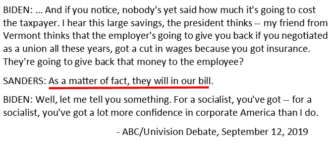 This is a lie. There’s no such provision in Sanders’ bill. The average family's “savings” he touts are largely dependent on corporations voluntarily passing *their* savings on to workers, just like the GOP’s tax scam was. Sure. That’ll happen. 