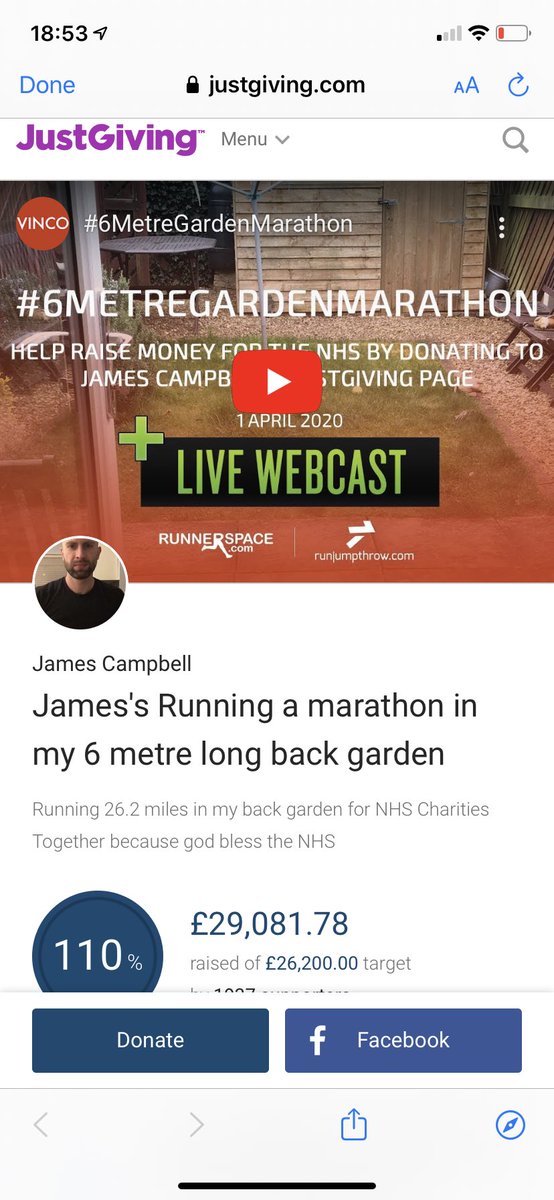 Our guy, @jcampbell0104 , ran a marathon in his 6 metre long garden. 
He’s raised £29.081.78, and all of this money is going towards the fabulous <a href="/NHSuk/">NHS</a> 
Please everyone that sees this,
 retweet, 
and can we get it past the incredible £30,000 marker!!!!!! 
#6metregardenmarathon