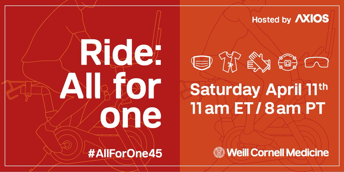 Support our frontline healthcare workers! We are extraordinarily grateful to <a href="/axios/">Axios</a> for hosting the #AllForOne45 charity ride with #WCM's generous Board of Overseers

📆 April 11
⌚ 11am ET/8am PT
🚲 <a href="/onepeloton/">Peloton</a> All For One

Can't ride? Support here: bit.ly/2JRSCnT