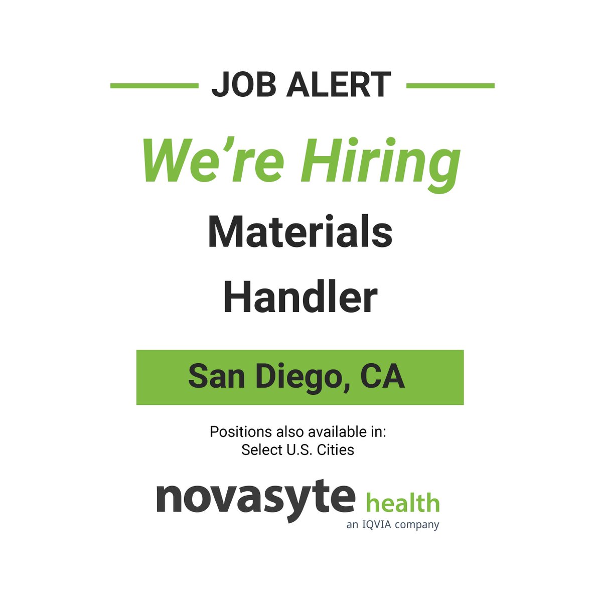 novasytehealth's tweet photo. We are now hiring for a Materials Handler in San Diego, CA. Apply here: https://t.co/0i99DgpaPd #novasyte #IQVIAMedTech #medtech #medtechindustry #materialshandler #nowhiring #jobalert #sandiegojobs https://t.co/cgn9LLcOFl