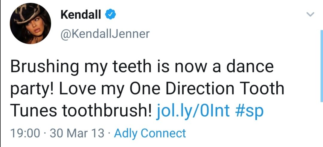 30 March 13: Kendall tweets about her One Direction toothbrush.