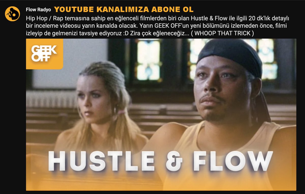 Geek Off yarın yayında! Yeni bölümü izlemeden önce “Hustle&amp;Flow” filmini izleyip de gelin :) Zira Çok Eğleneceğiz😀 Ha bu arada kanala ABONE OLDUNUZ MU? youtube.com/channel/UCZAMc… <a href="/zararina_sohbet/">Zararına Sohbetler</a> <a href="/HipHopKolektif/">HipHop Kolektif</a>