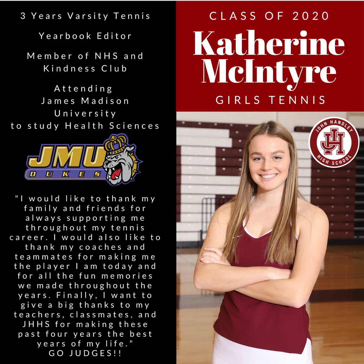 HandleyJudges's tweet photo. Spring Senior Profiles Day 8... Staying on the Tennis Courts. Congrats Kat 3!
@GoJudges @jhhsclassof2020 @WinStarSports1 https://t.co/mjITvg3wmf