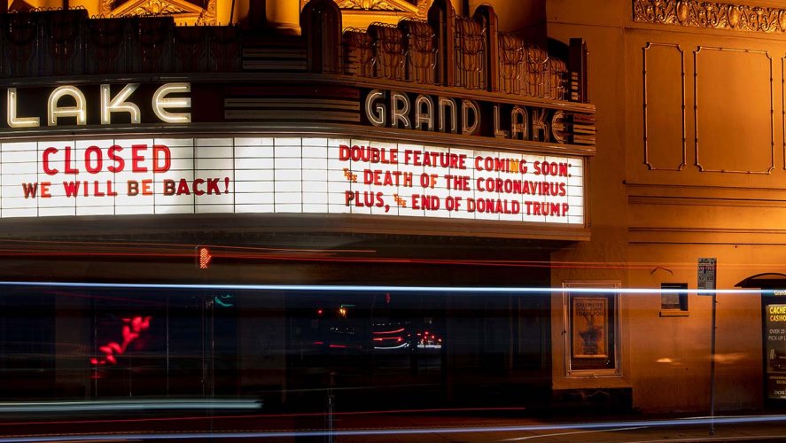 The Grand Lake theater displays a message about president Donald Trump and the Coronavirus on their marquee in Oakland, California on March 18, 2020  http://thr.cm/N47ZebH 