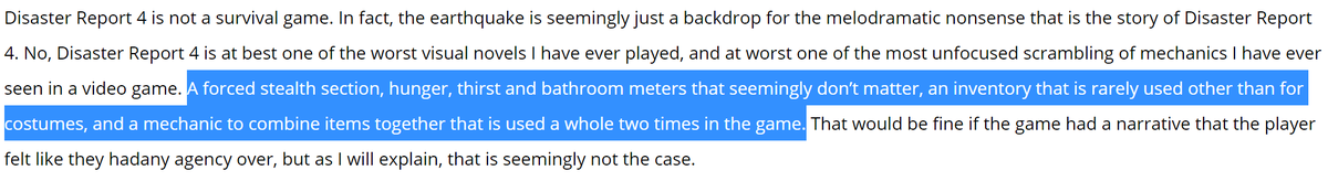 Disaster Report 4 came out this week! Finally after nearly 13 years we have a sequel to Raw Danger, among the best of the goofy-ass PS2 era of adventure games that you either love or hate. In this thread I will highlight negative review quotes that read to me as positive!