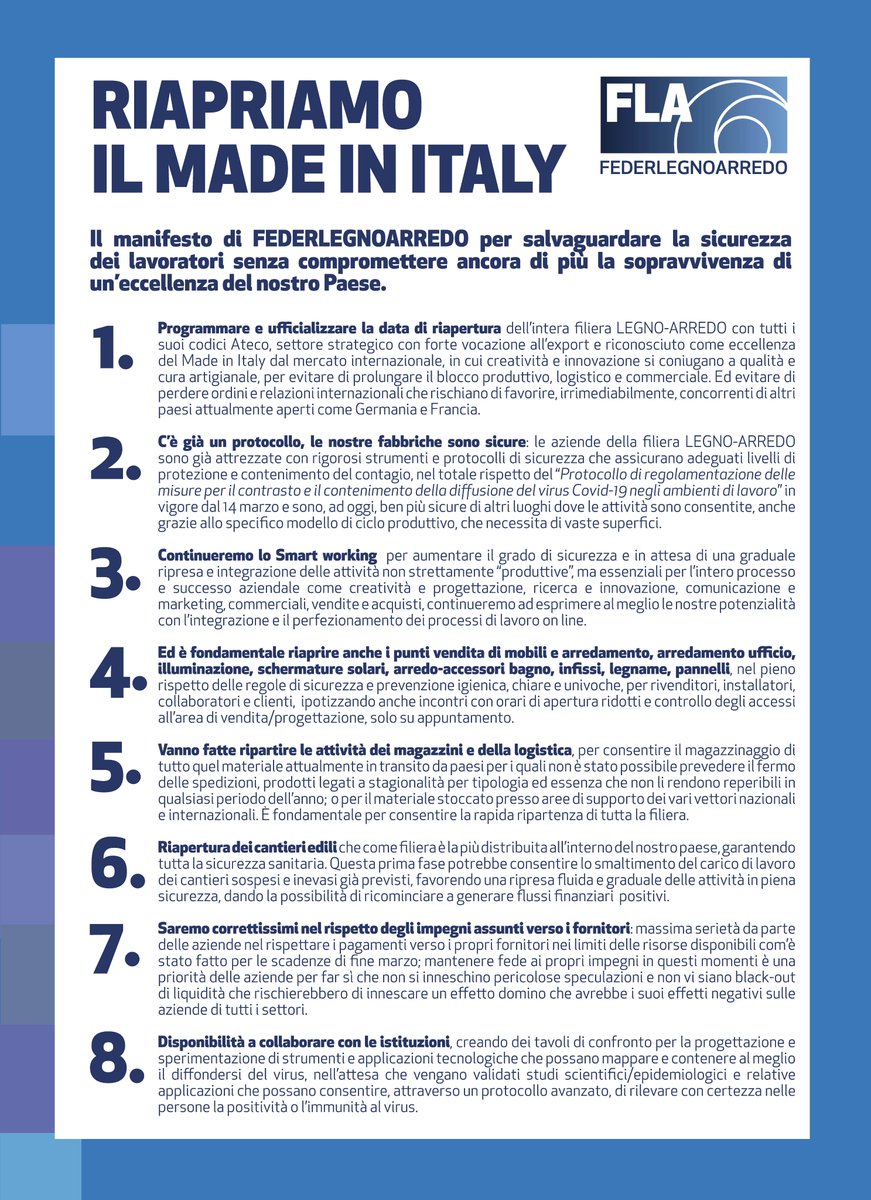 ascavolini's tweet photo. Ecco il manifesto della @Federlegno per richiedere l'apertura della nostra filiera in sicurezza, un altro mese è troppo tardi per il nostro comparto! #riapertura #COVIDー19 https://t.co/lMFCSKqxL6