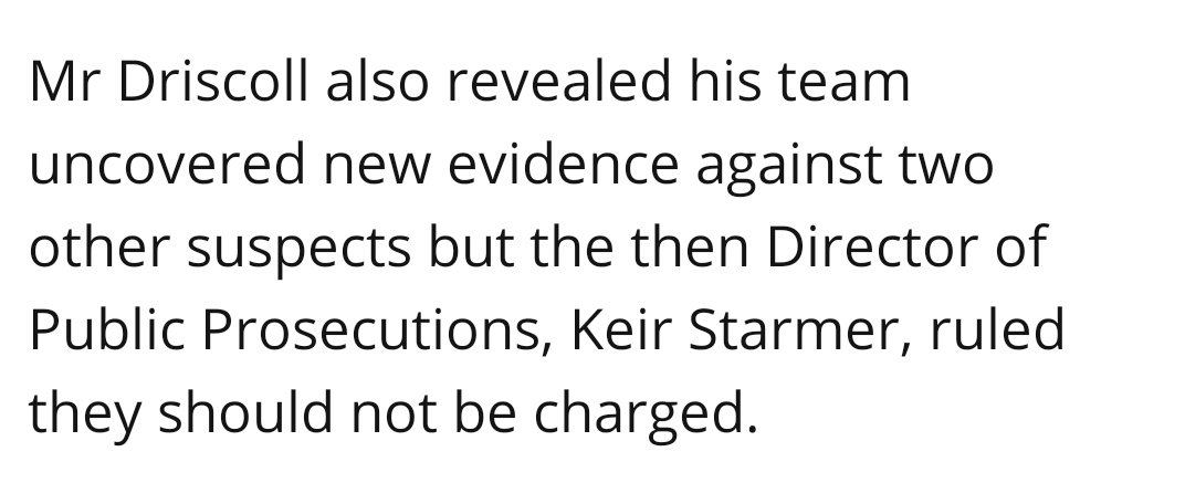 Starmer, and indeed his successor Alison Saunders, both basked in the successful prosecution in the Lawrence case. However, Clive Driscoll, who did the heavy lifting, wanted to see two more men charged but was overruled by Starmer! https://www.mirror.co.uk/news/uk-news/steven-lawrence-murder-detective-reveals-6161881 https://twitter.com/ciabaudo/status/1239945126346215431?s=19