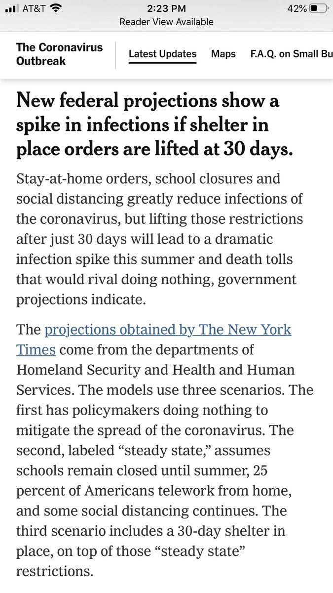 So  @nytimes has a big story right now about a  @fema model showing up to 300,000 deaths. The documents are “dated April 9,” the story says. So they must account for everything we’ve learned this week - which would be bad news. But what the chart actually says: “Models from 3/31.”