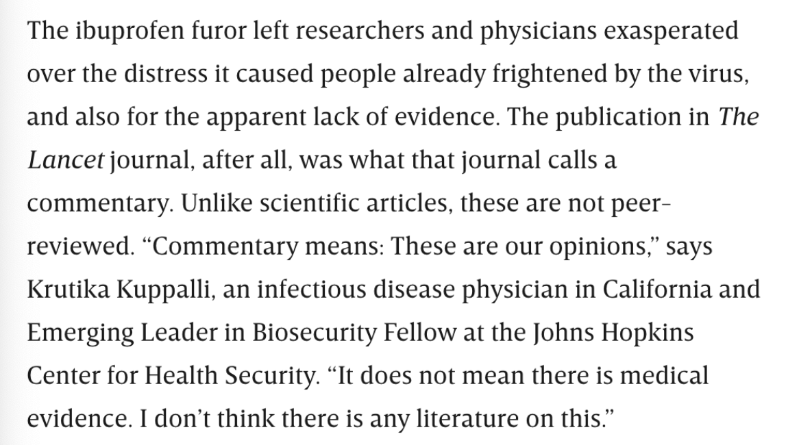 “It’s jut a Commentary in the Lancet, not a peer-reviewed article”.Of course it’s not strong evidence. But it’s good enough to make me think there’s a 10% chance ibuprofen will increase illness severity by >50%.
