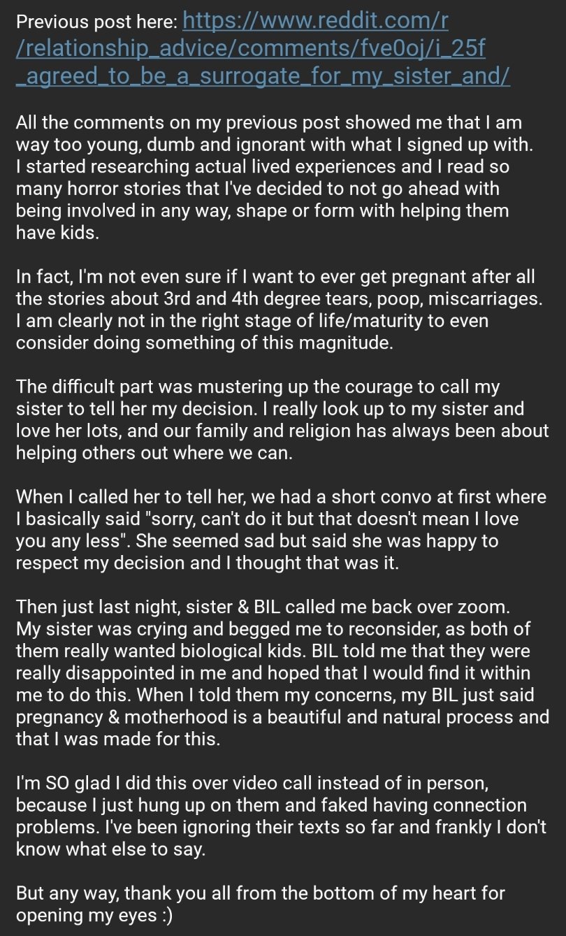 Relationships Txt I 25f Agreed To Be A Surrogate For My Sister And Her Husband Late 30s But Am Regretting It Now T Co Ttdnnybqdx T Co Wlgslbsbxc Relationships Txt I 25f Agreed To Be A Surrogate For My Sister And Her Husband Late 30s But Am Regretting It Now T Co Ttdnnybqdx T Co Wlgslbsbxc