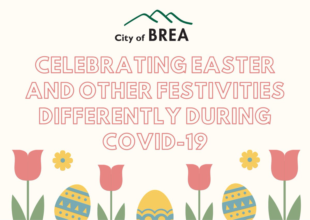 BreaCityHall's tweet photo. Celebrating Easter? Watch a virtual Easter service from home, have an Easter egg hunt indoors or in your back yard and connect with family and friends by calling, texting or video conferencing. Social distancing doesn’t mean being socially isolated, stay in touch with others. https://t.co/DrW8R1PwzP