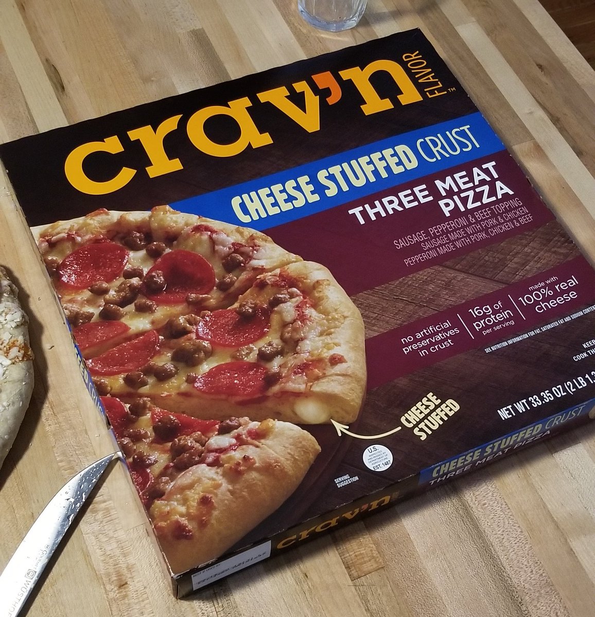 PIZZA 4: CRAV'N stuffed crust three meat. Pretty accurate day-old old-school Pizza Hut stuffed crust taste/mouth feel, but better sauce & more of it than most. Once again not much surface cheese. Meat wasnt sawdusty. Hate the brand name but was pretty into the pizza. Solid B+/A-
