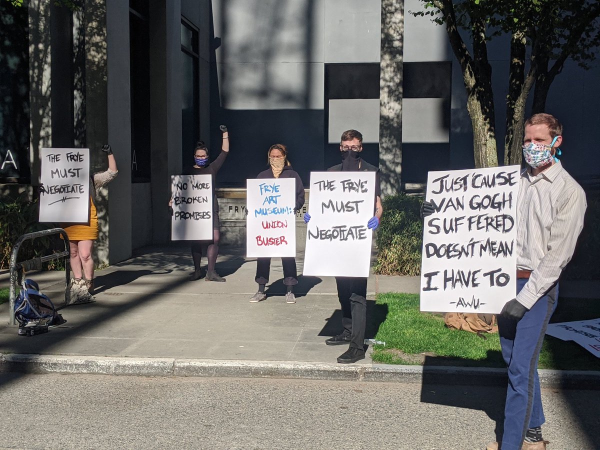 Today, the <a href="/FryeArtMuseum/">Frye Art Museum</a> told us they was laying off over 20 staffers, including a union member on our bargaining committee. We're out here protesting to demand reinstatement and justice! 

We won't stand for union busting. 

Read our statement: artworkersunion.info/news #1u