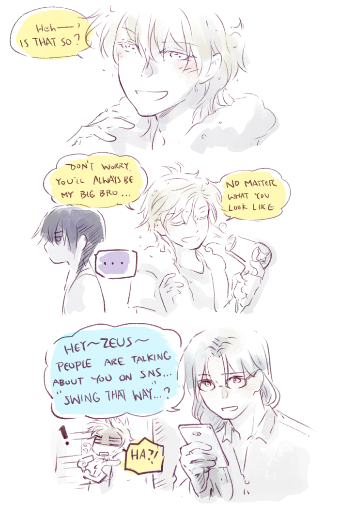 Since it's #NationalSiblingDay ...

Hades, Poseidon, &amp; baby Zeus from my #MYthcomic but in a modern non-canon setting. I made this sketch comic few years ago. 