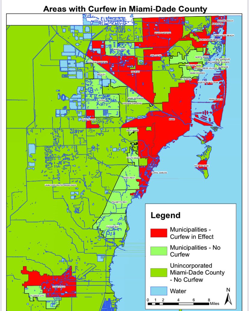 mayorcubillos's tweet photo. Municipalities with a curfew in Miami-Dade County are in red. #onecounty #34strong #miamidadecounty #WeWillGetThroughThisTogether #elportal #saferathome #mdclc https://t.co/p5iv3w3TFR