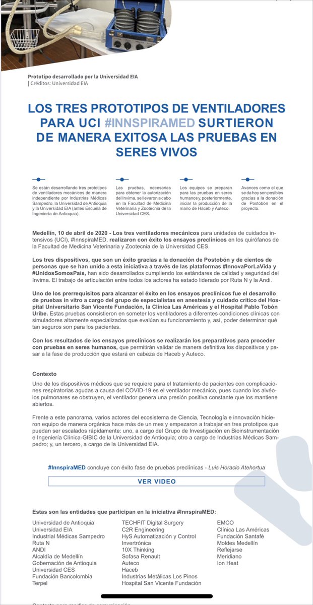 #Noticia
Prototipos de ventiladores #Innspiramed surtieron pruebas en seres vivos. Los equipos se preparan para pruebas en humanos y posteriormente iniciar la producción de la mano de <a href="/Haceb/">Haceb</a> y #Auteco