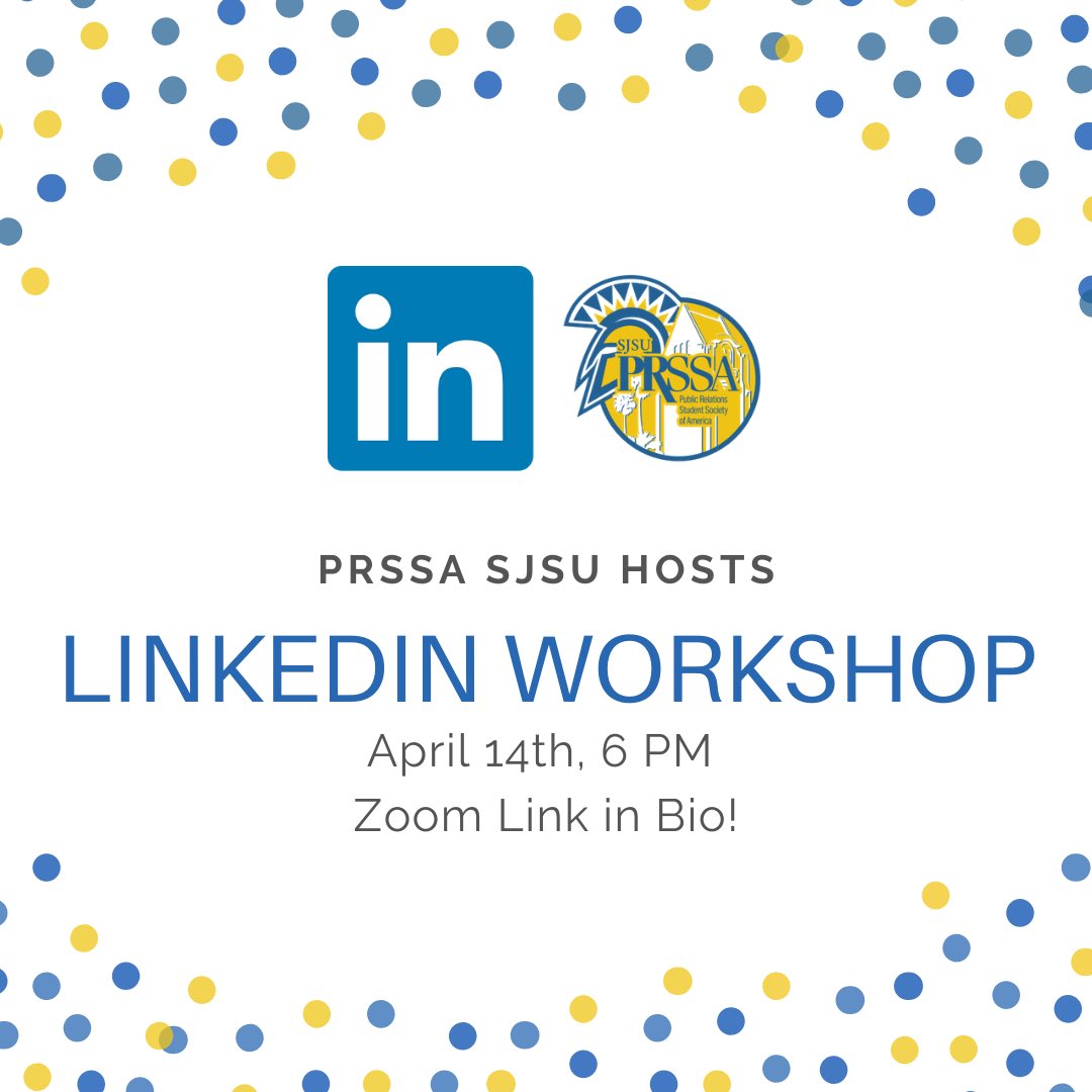 prssasjsu's tweet photo. Join us next Tuesday at 6 p.m. for our Linkedin Workshop and learn how to build your online portfolio! We will be doing skills endorsements, certifications, and detailing profiles together! 

Date: April 14
Time: 6 p.m.
Meeting ID:  132-906-280  
Zoom URL: https://t.co/lKgvOOBVQs https://t.co/5kK2EH6Yy7