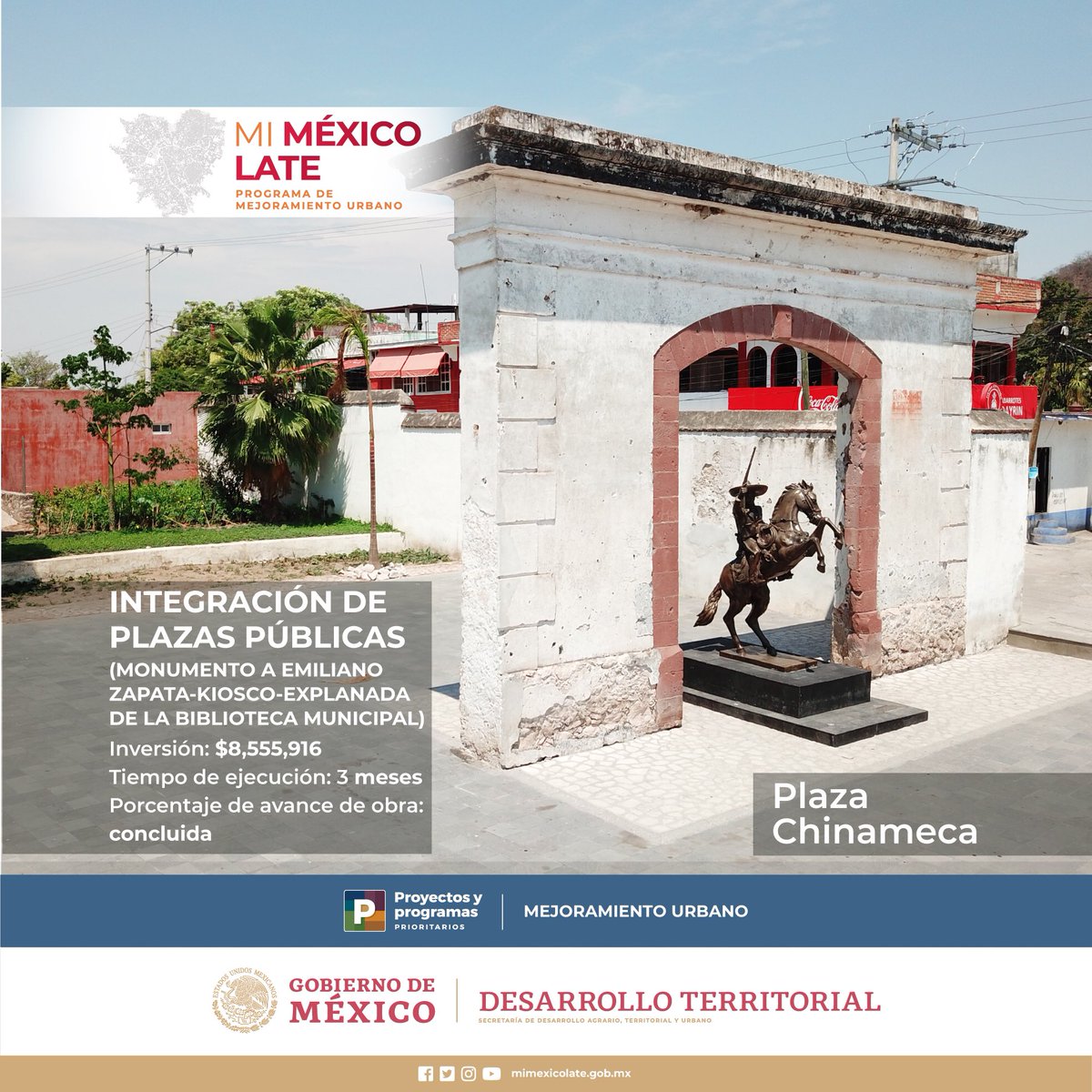 Con el Programa de #MejoramientoUrbano rehabilitamos la plaza de #Chinameca, #Morelos; un lugar histórico y escenario del último suspiro del General #EmilianoZapata. 

Éste es uno de los sitios emblemáticos del corredor turístico y cultural del Caudillo del Sur.

#ZapataVive.